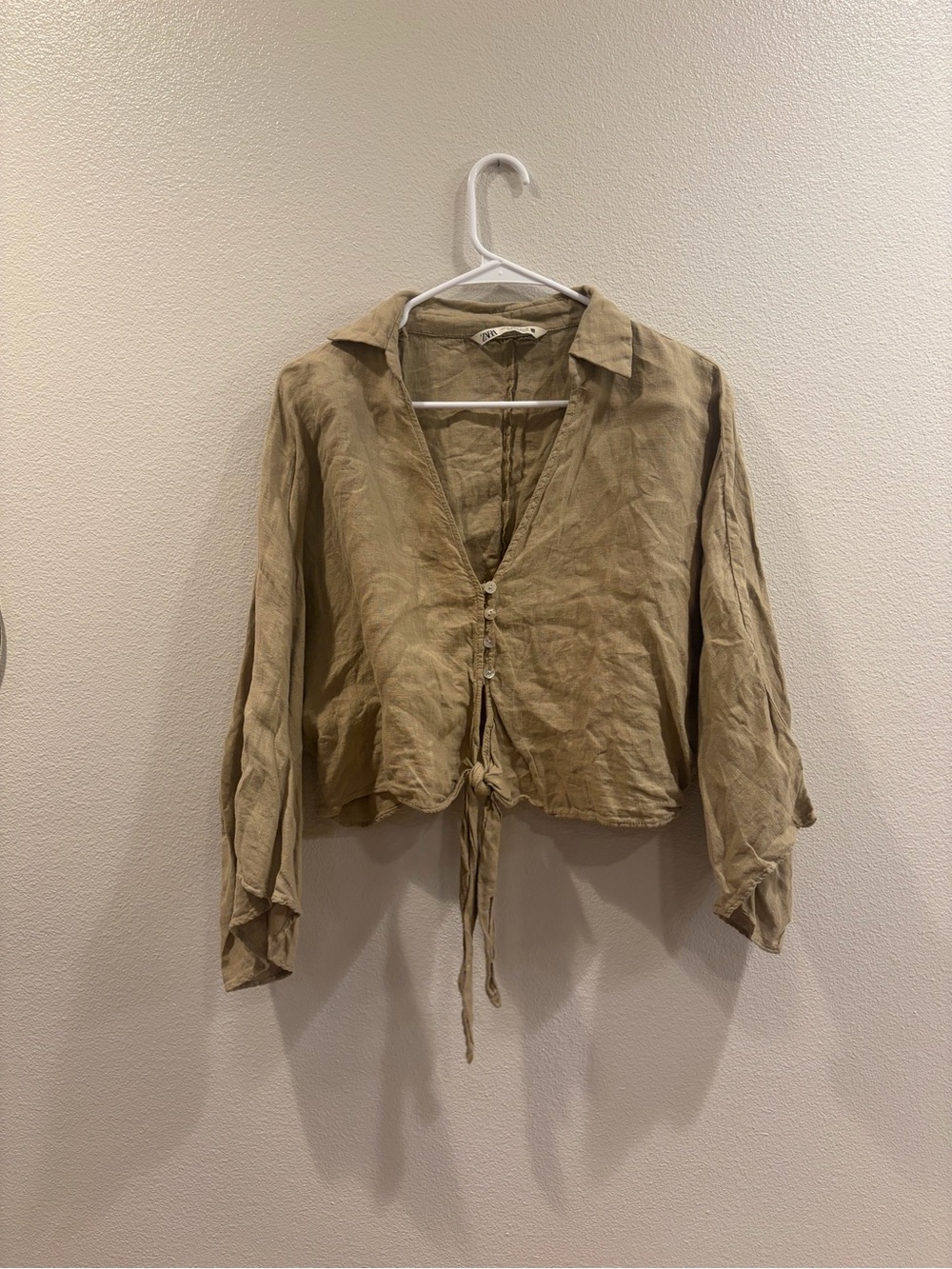 Zara Khaki Tie-Front Cropped Button Blouse